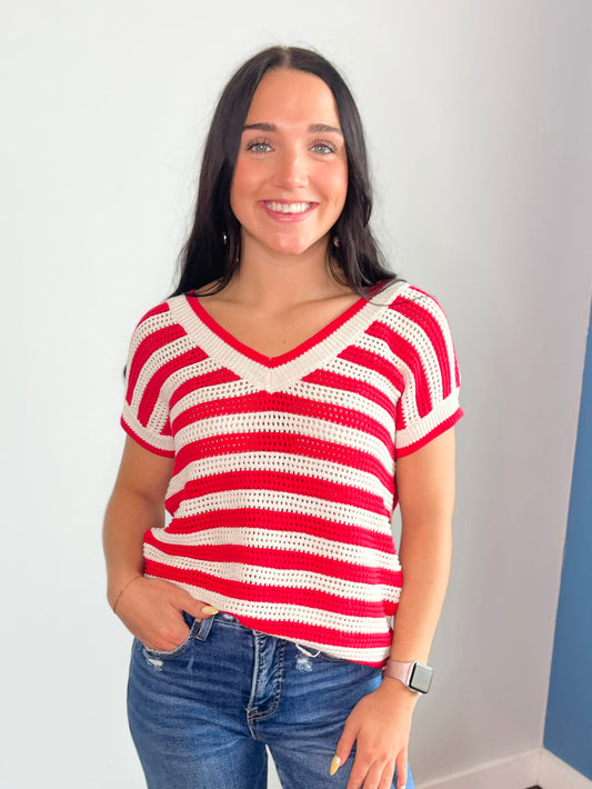 Opal Striped V-Neck Crochet Top | Red