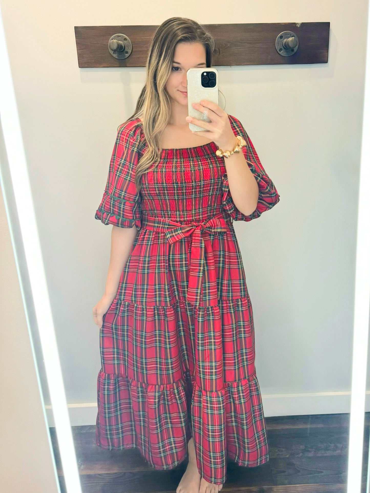 Maggie Tartan Smocked Maxi Dress | Red