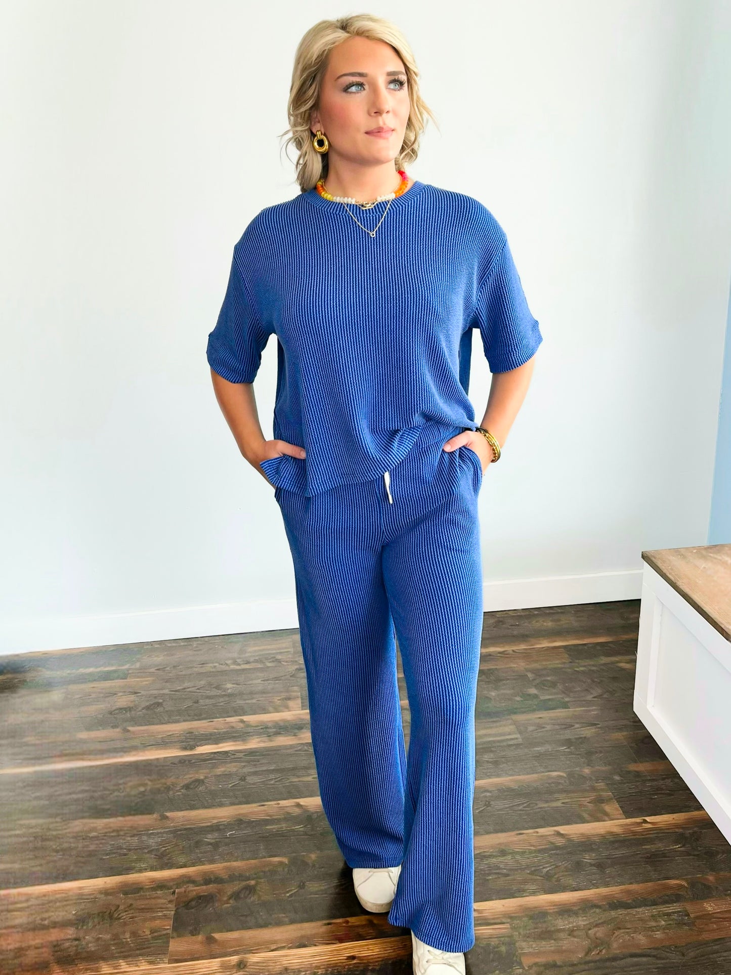 Briley Ribbed Short Sleeve Top and Pants Set | Classic Blue