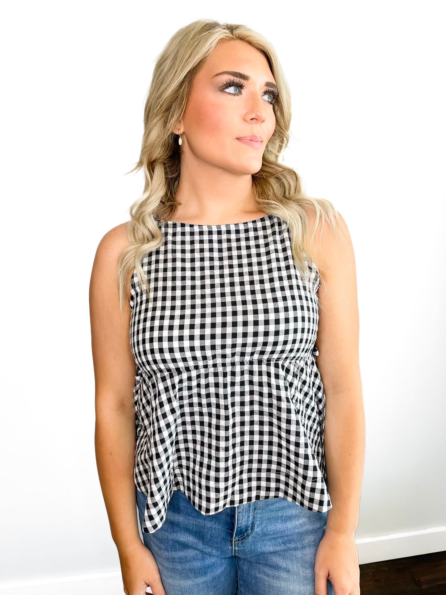 Angela Gingham Side Tie Babydoll Top | Black