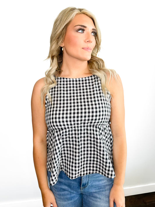 Angela Gingham Side Tie Babydoll Top | Black