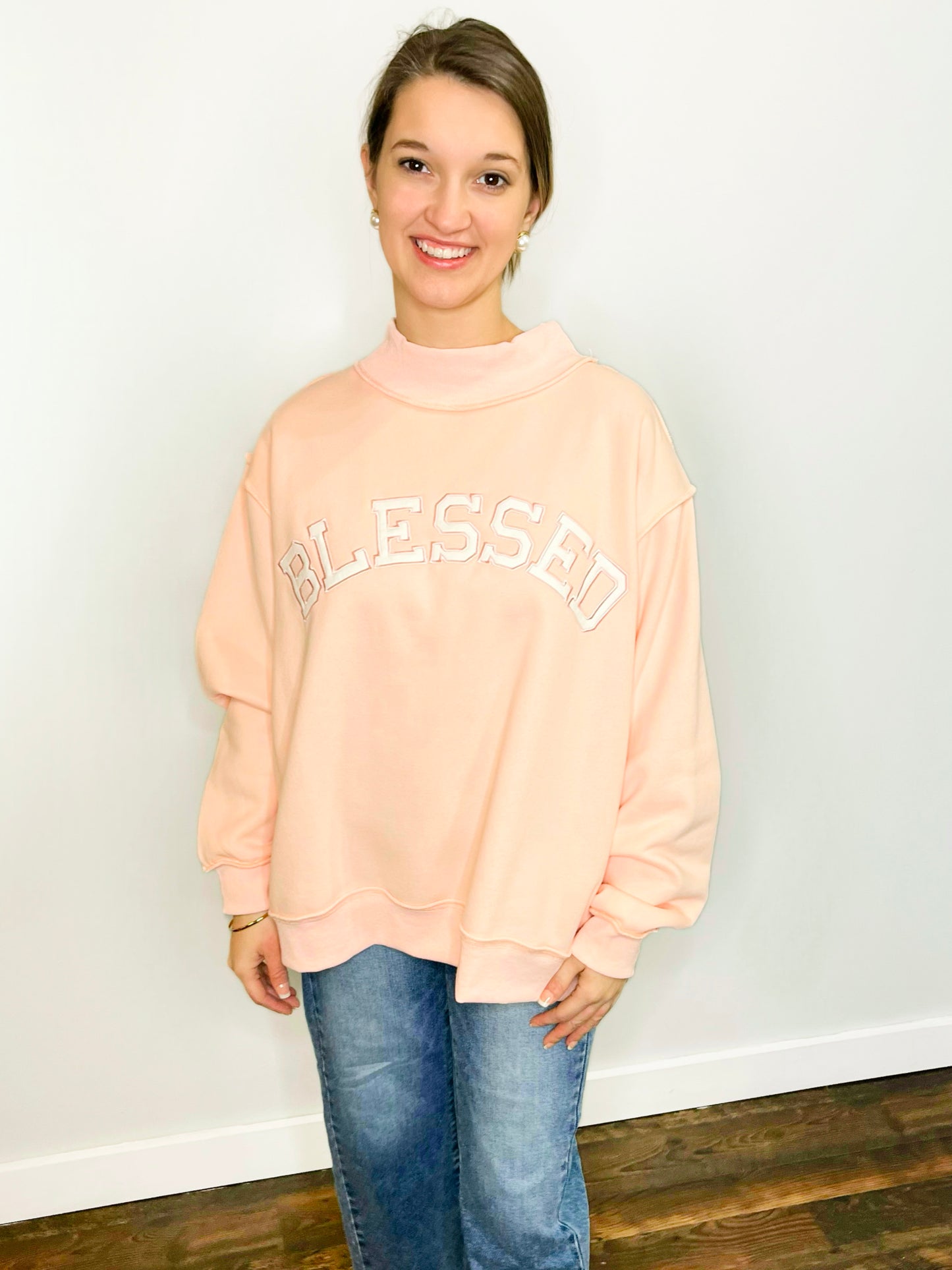Blessed Embroidered Mock Neck Sweatshirt
