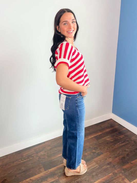 Opal Striped V-Neck Crochet Top | Red