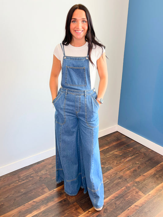 Cora Wide Leg Denim Overall Jumpsuit