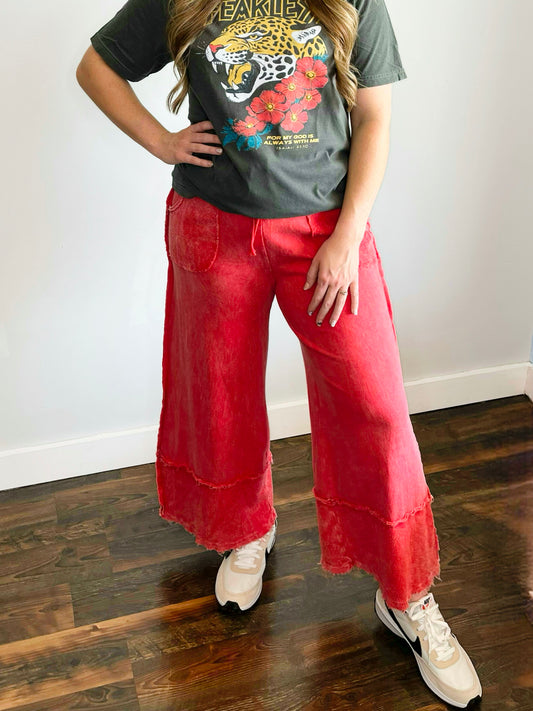 Mallory Mineral Washed Raw Hem Pants | Red