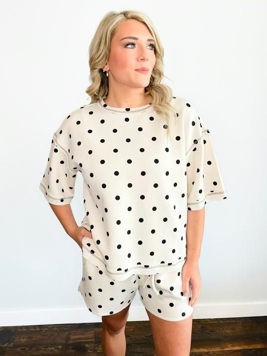 Ezra Relaxed Fit Polka Dot Short Set | Cream/Black