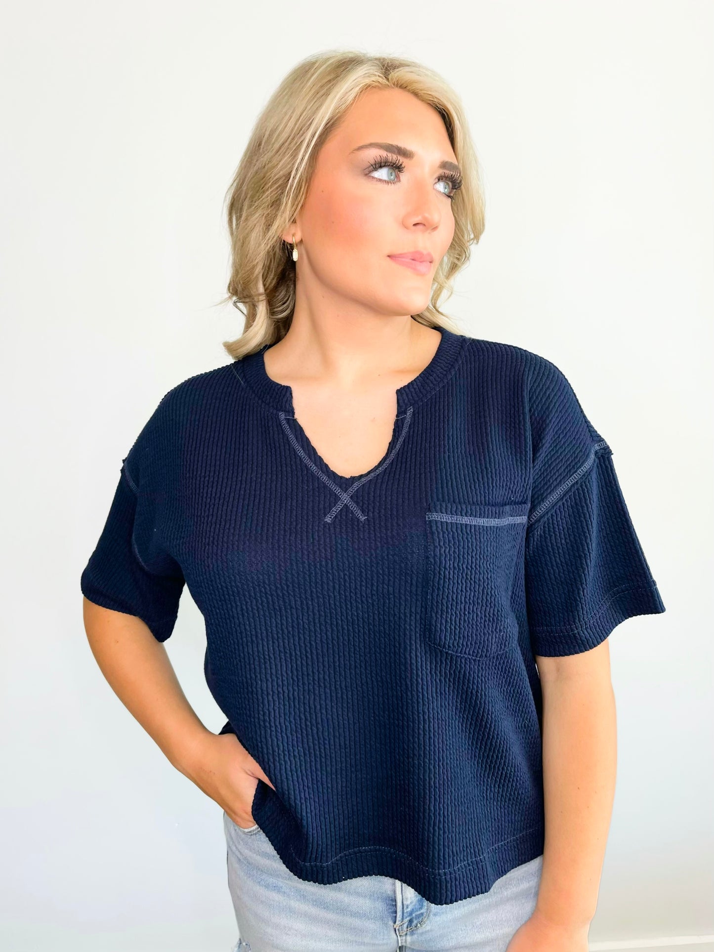 Georgie Ribbed Boxy Tee | Navy