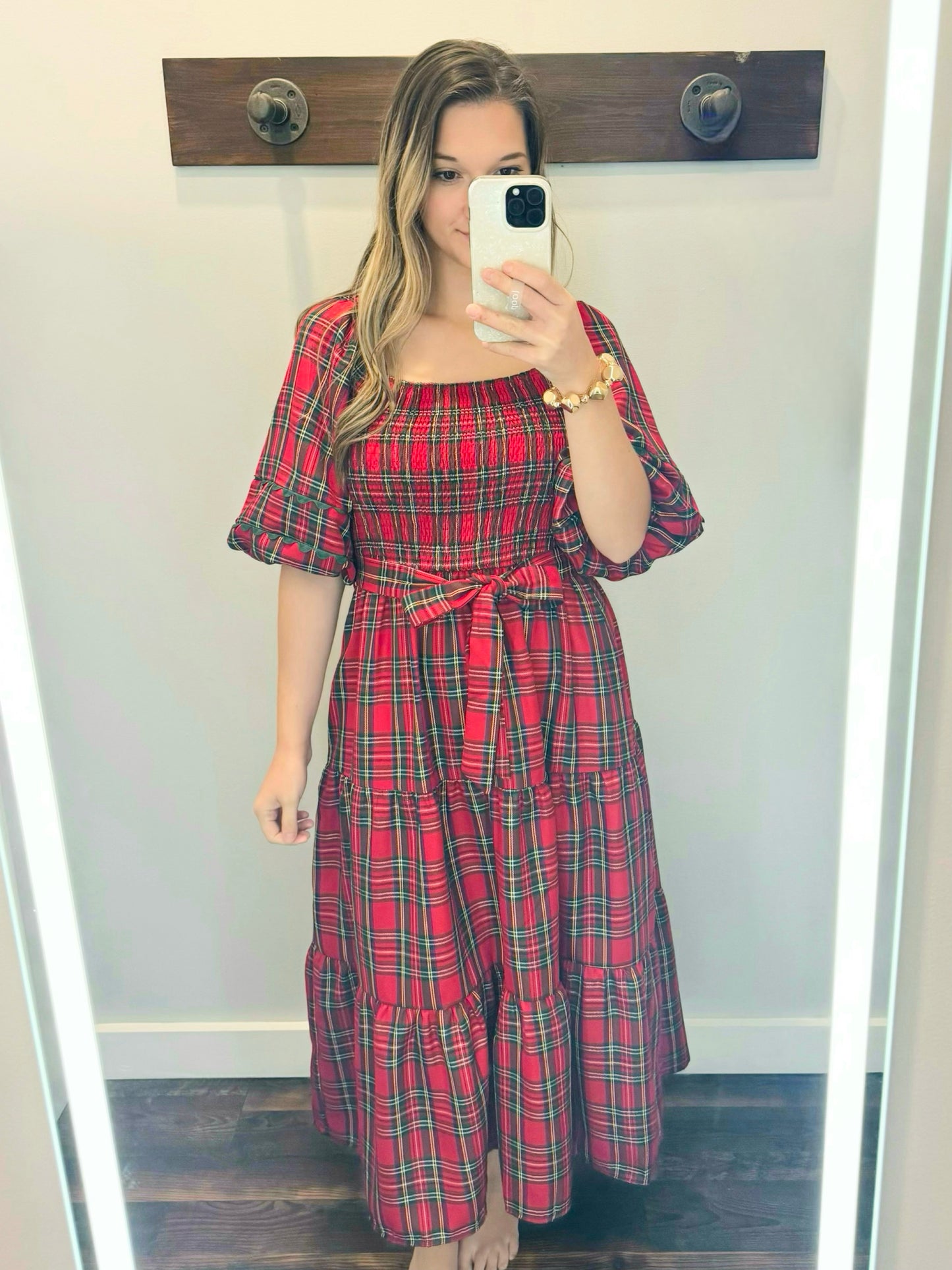 Maggie Tartan Smocked Maxi Dress | Red