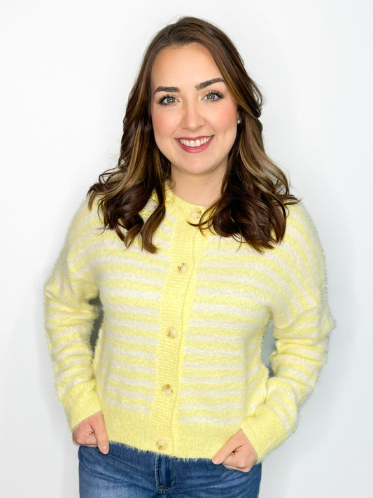 Winnie Striped Fuzzy Cardigan | Butter Yellow