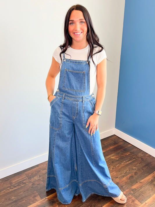 Cora Wide Leg Denim Overall Jumpsuit