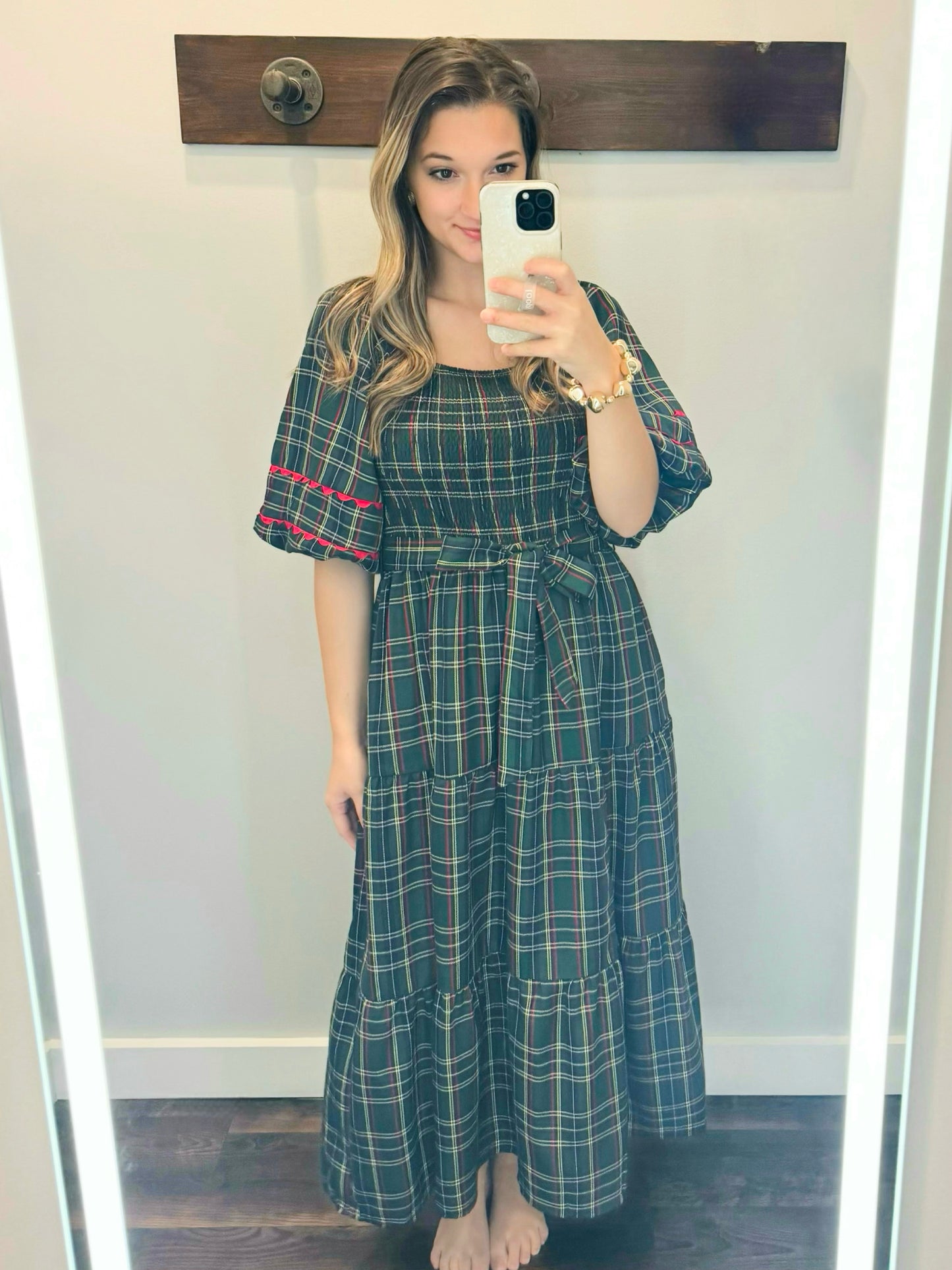 Maggie Tartan Smocked Maxi Dress | Green