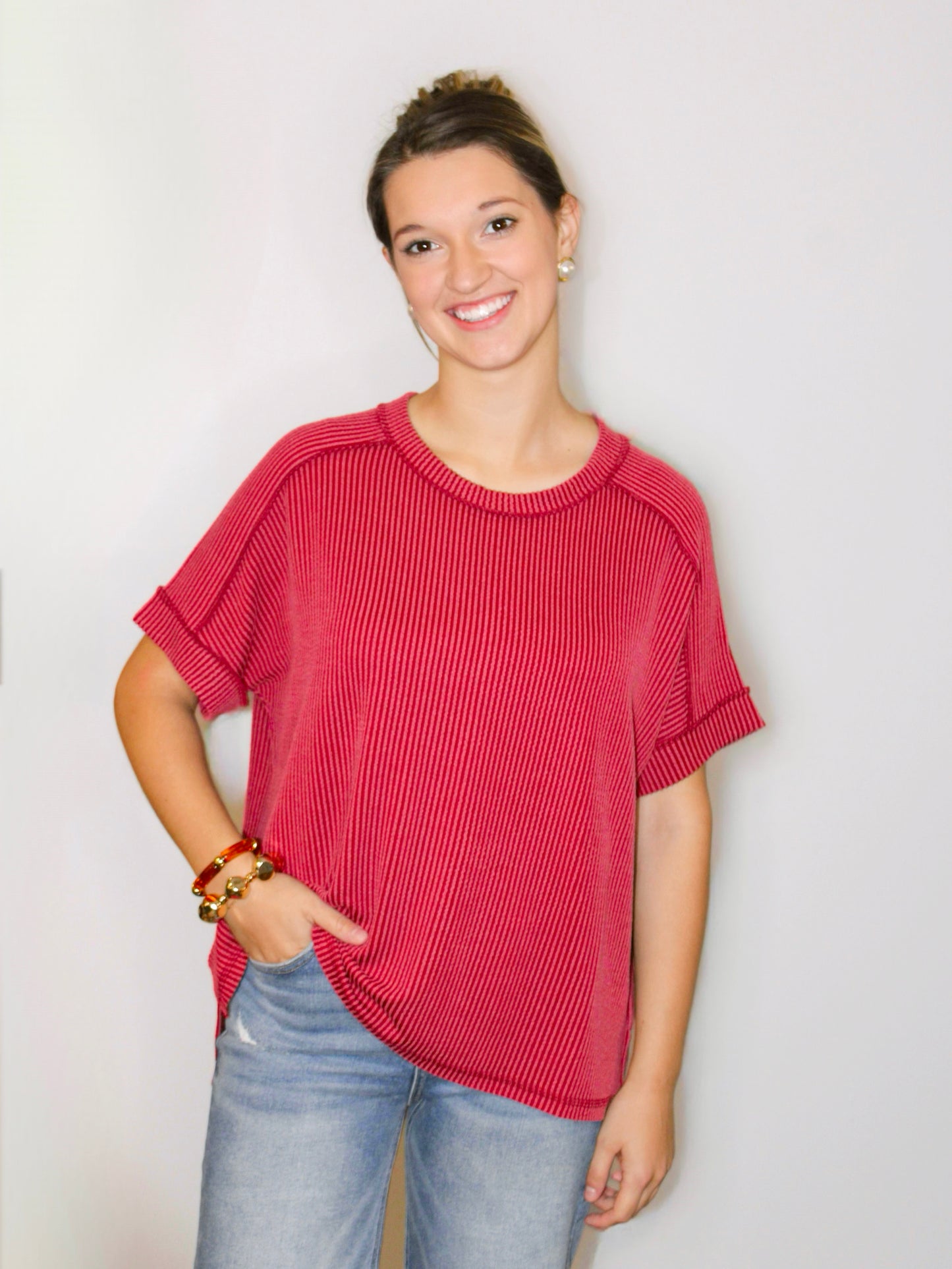 Jessie Ribbed Cuff Sleeve Top | Burgundy