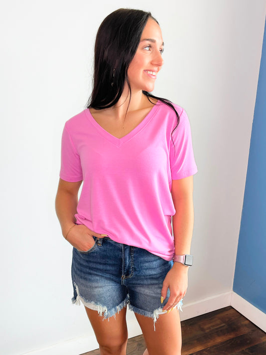 Riley Basic V-Neck Short Sleeve Tee | Candy Pink