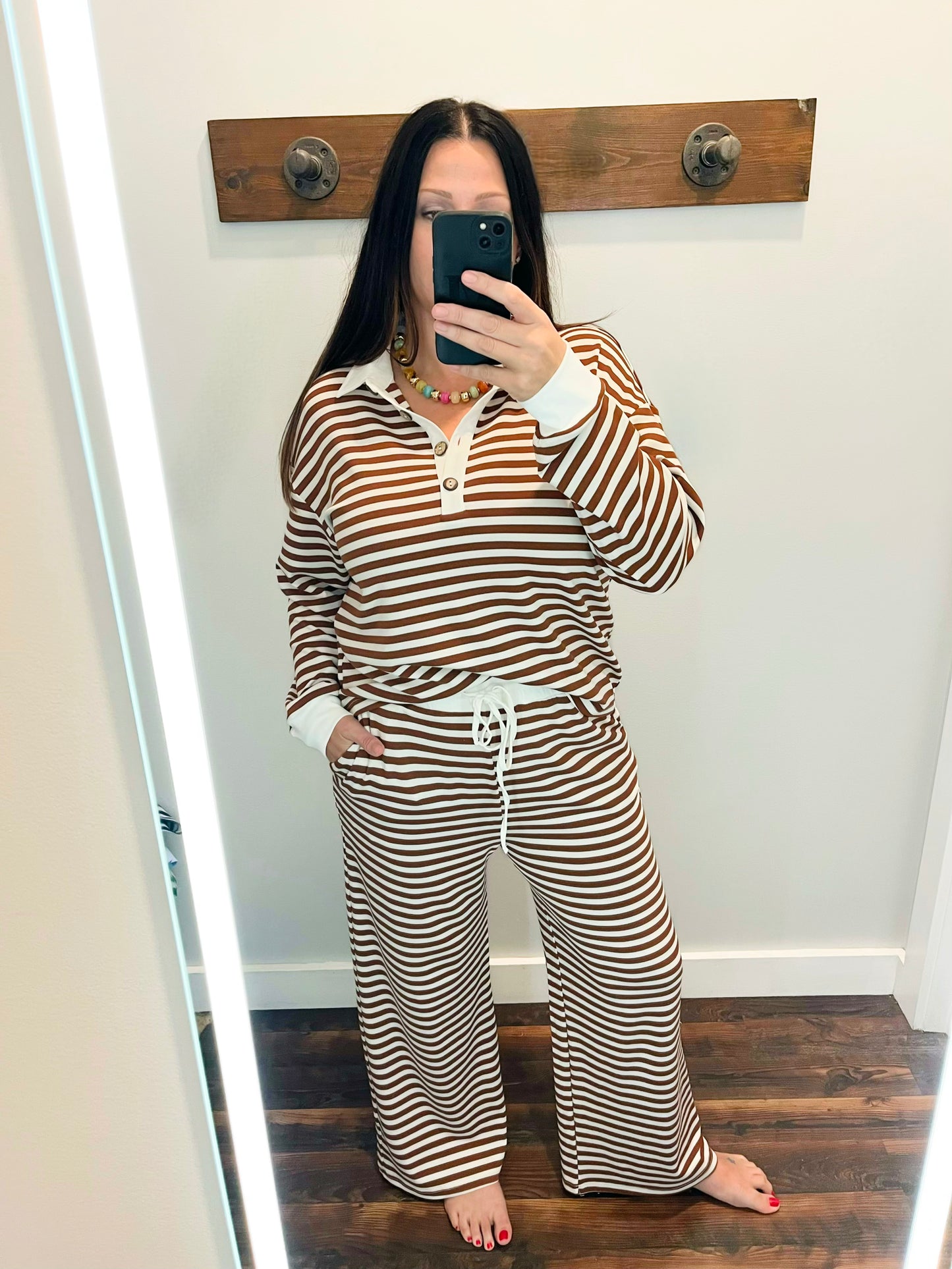 Marti Collared Henley Top & Pants Set | Brown/White