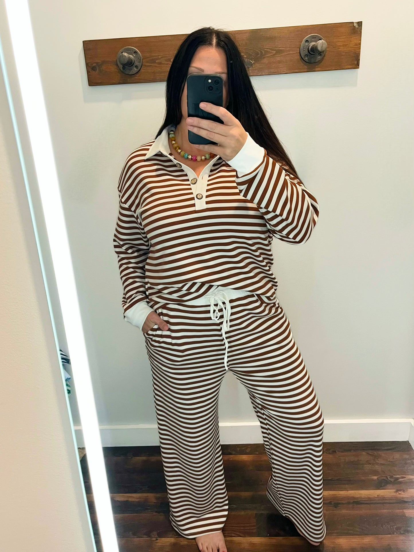 Marti Collared Henley Top & Pants Set | Brown/White