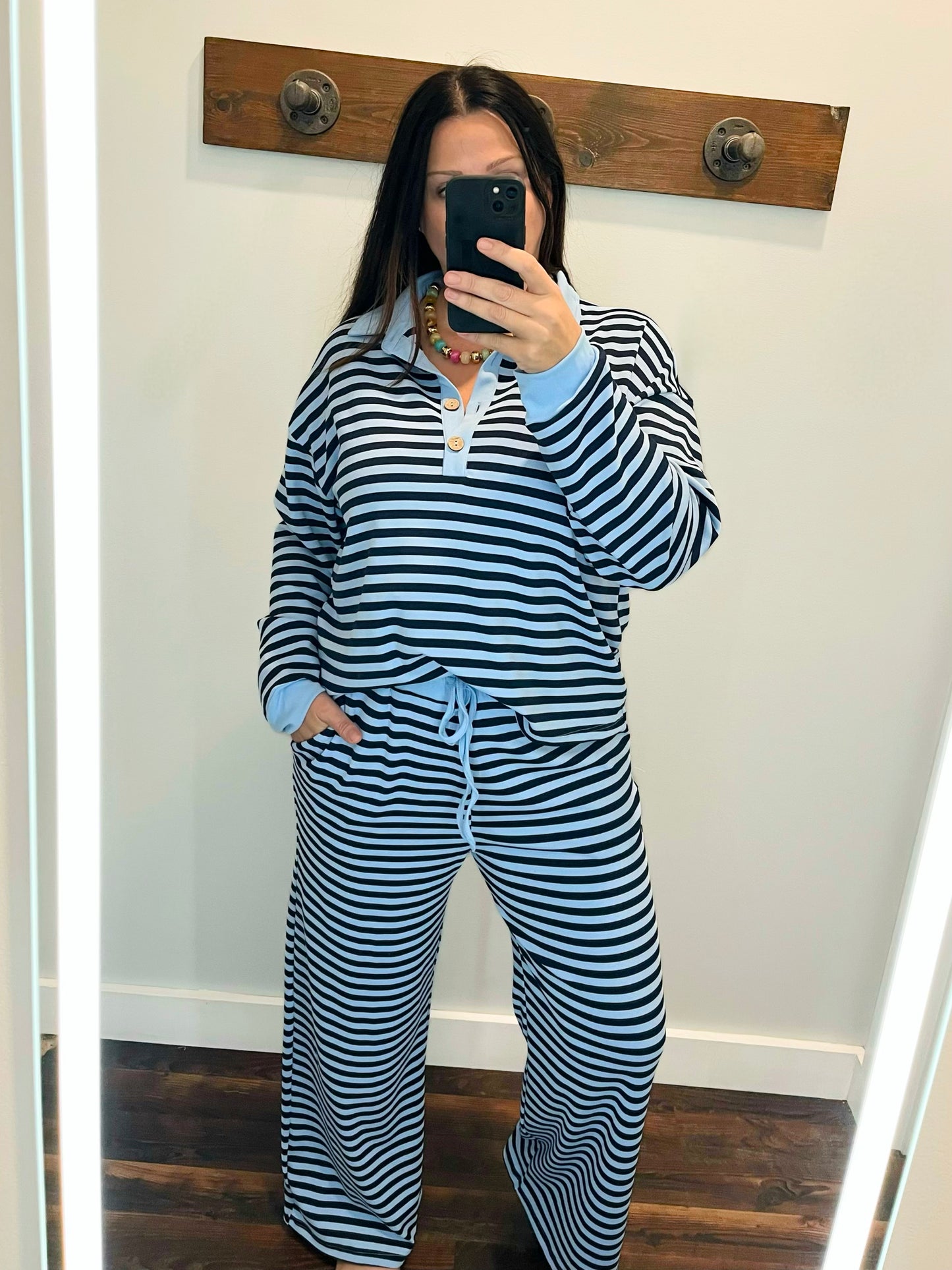 Marti Collared Henley Top & Pants Set | Blue/Navy