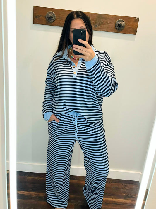 Marti Collared Henley Top & Pants Set | Blue/Navy