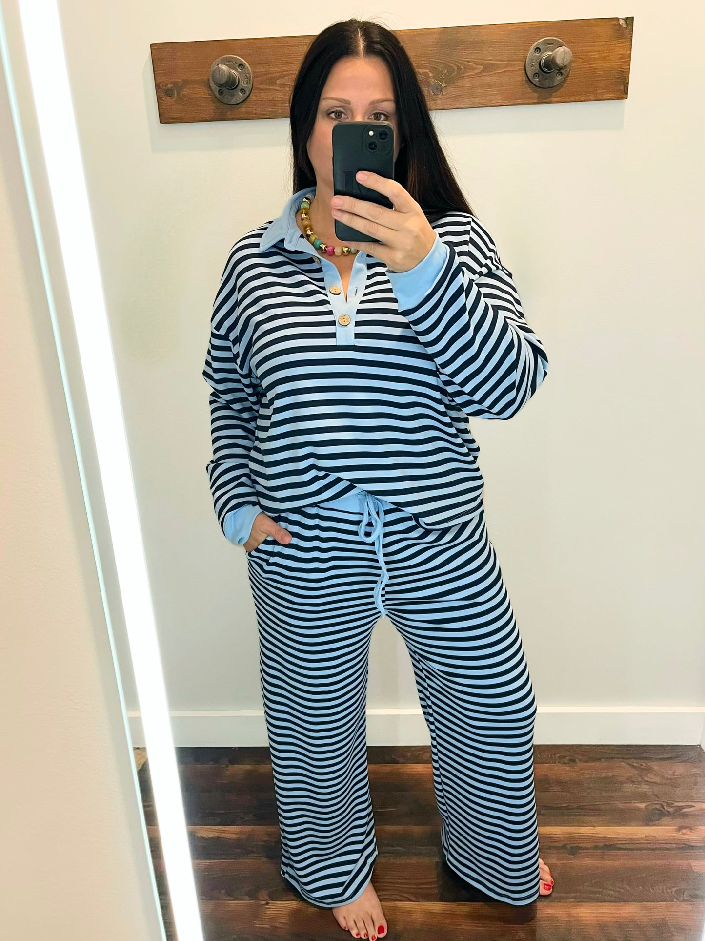 Marti Collared Henley Top & Pants Set | Blue/Navy