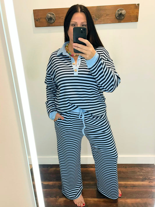 Marti Collared Henley Top & Pants Set | Blue/Navy