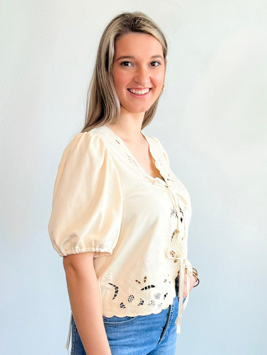 Lydia Puff Sleeve Bow Tie Closure Top | Ecru