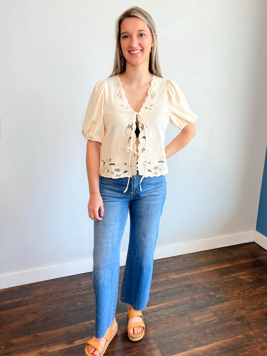Lydia Puff Sleeve Bow Tie Closure Top | Ecru