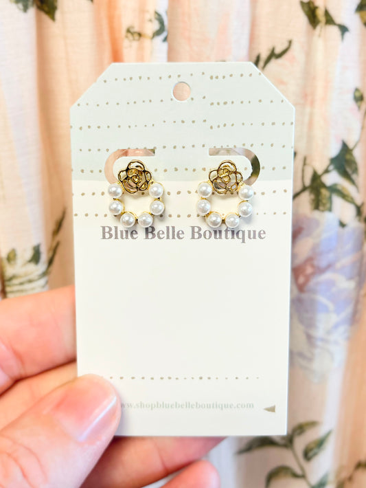 Birdie Pearl Circle Stud Earrings w/ Flower Charm