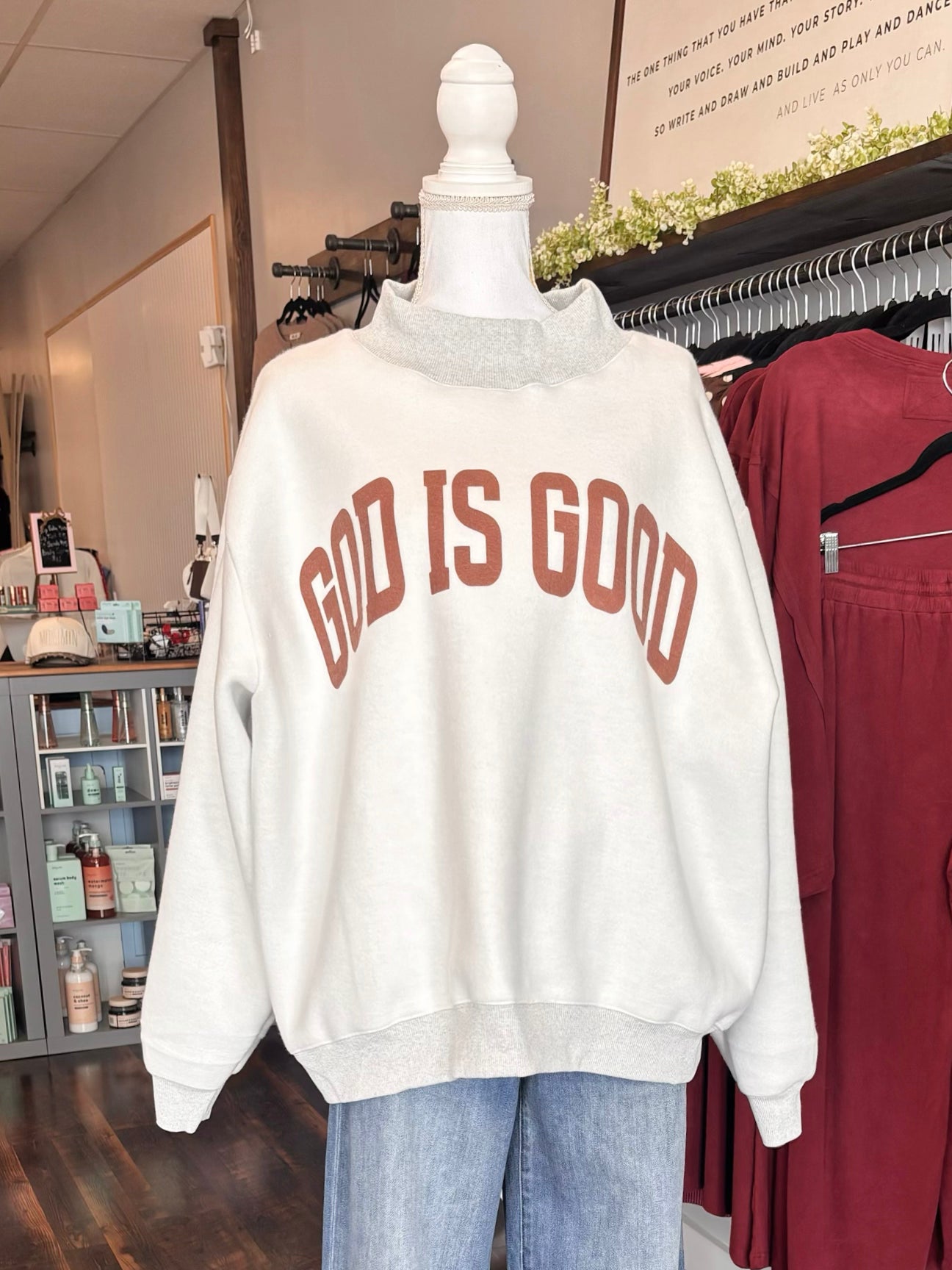 Jesus/God is Good Reversible Mock Neck Sweatshirt | Grey/Pink