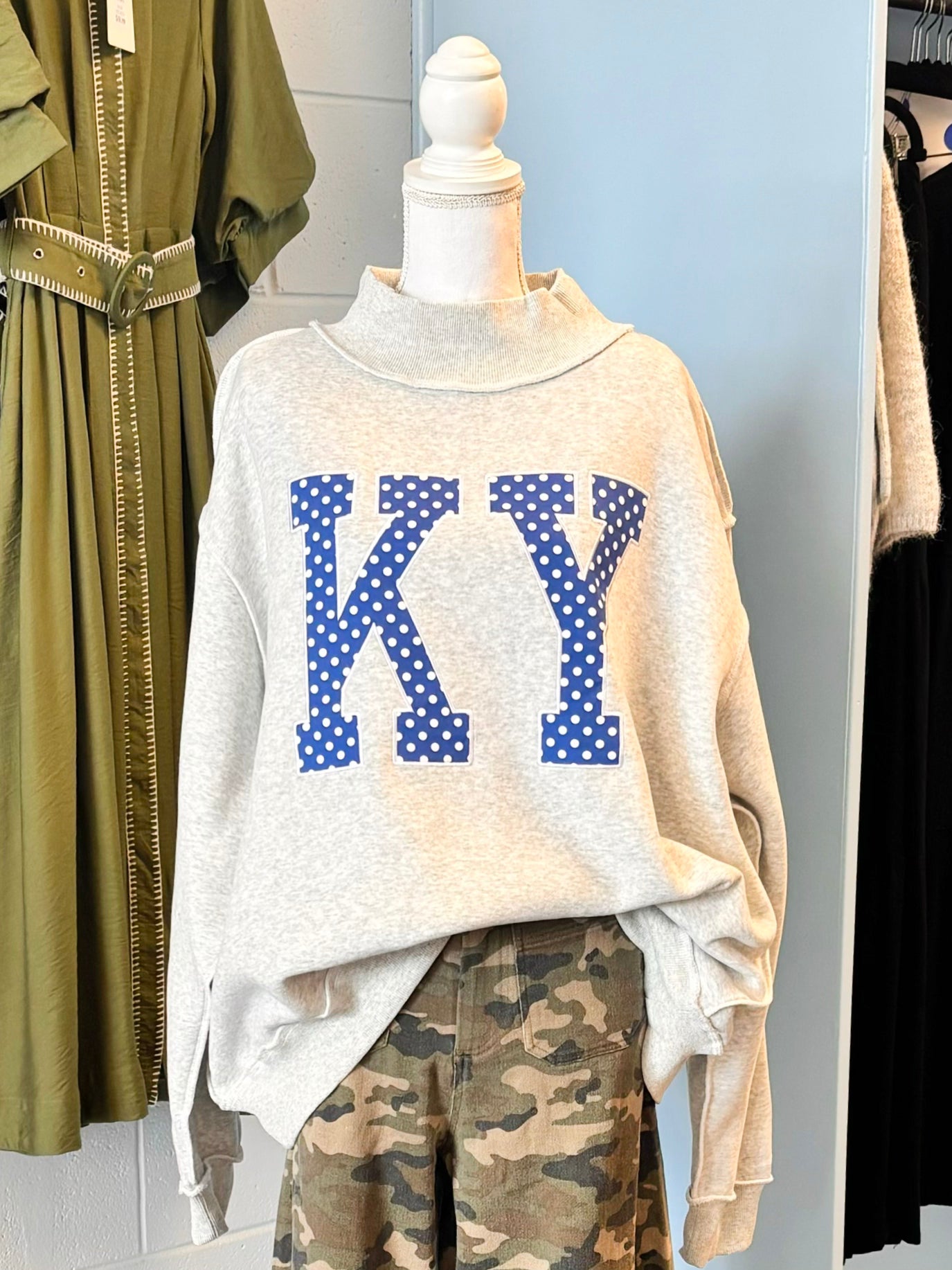 KY Embroidered Mock Neck Sweatshirt | Blue Polka Dot
