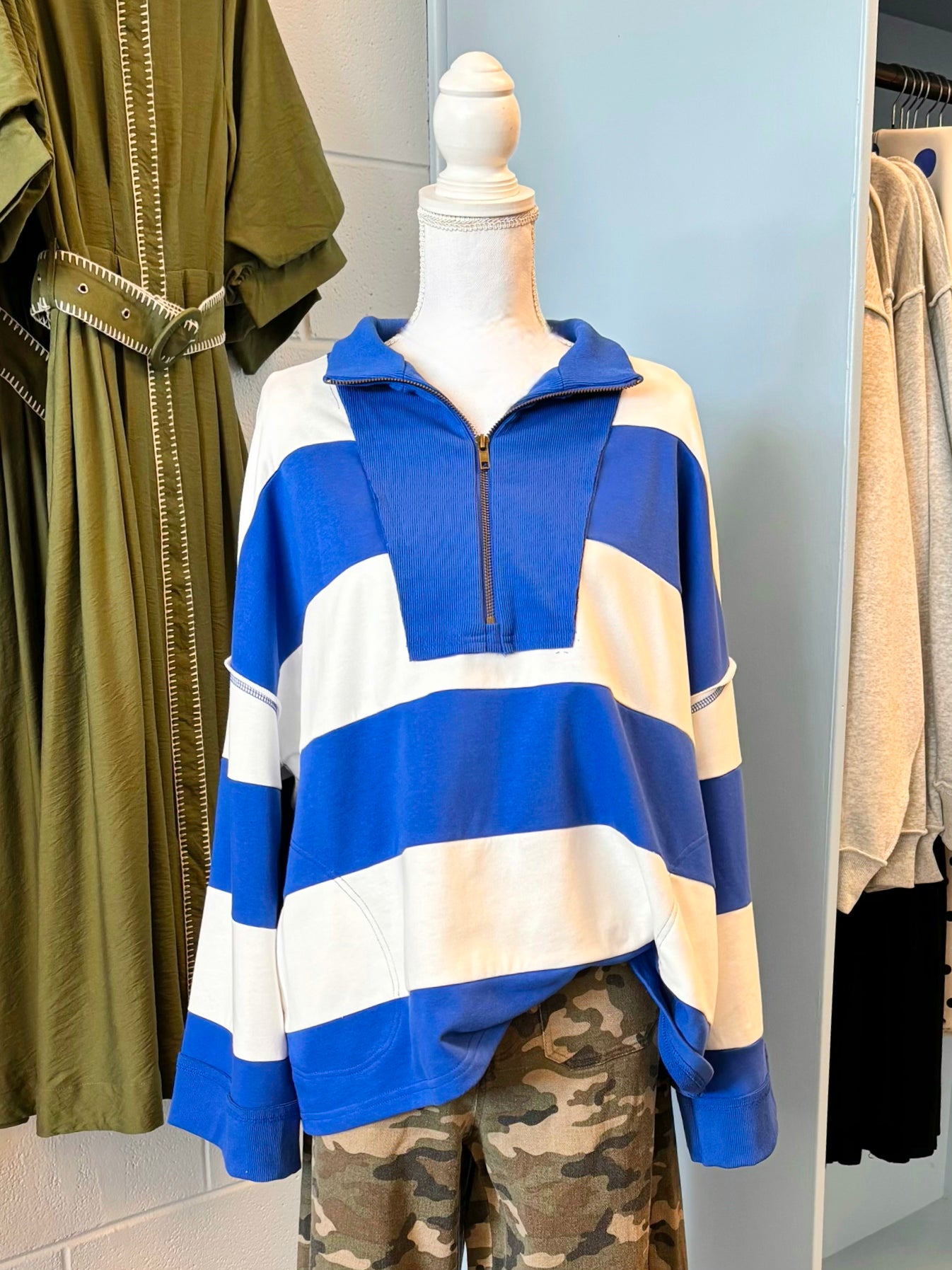 Andi Varsity Striped Zip Pullover | Royal/White