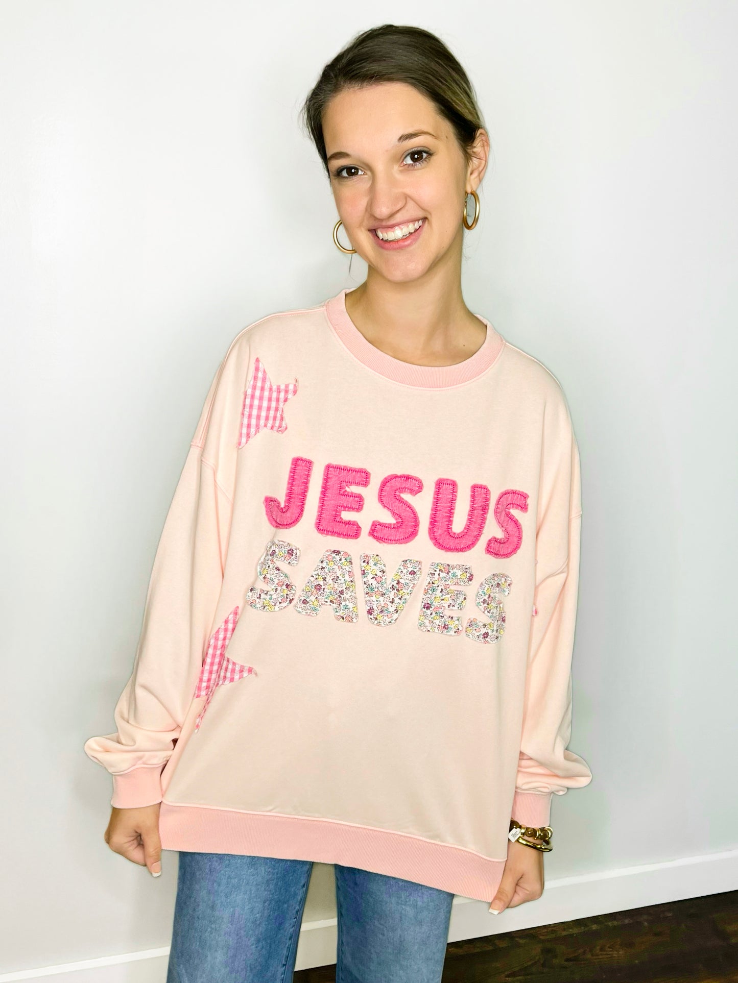 Jesus Saves Embroidered Sweatshirt | Icy Pink