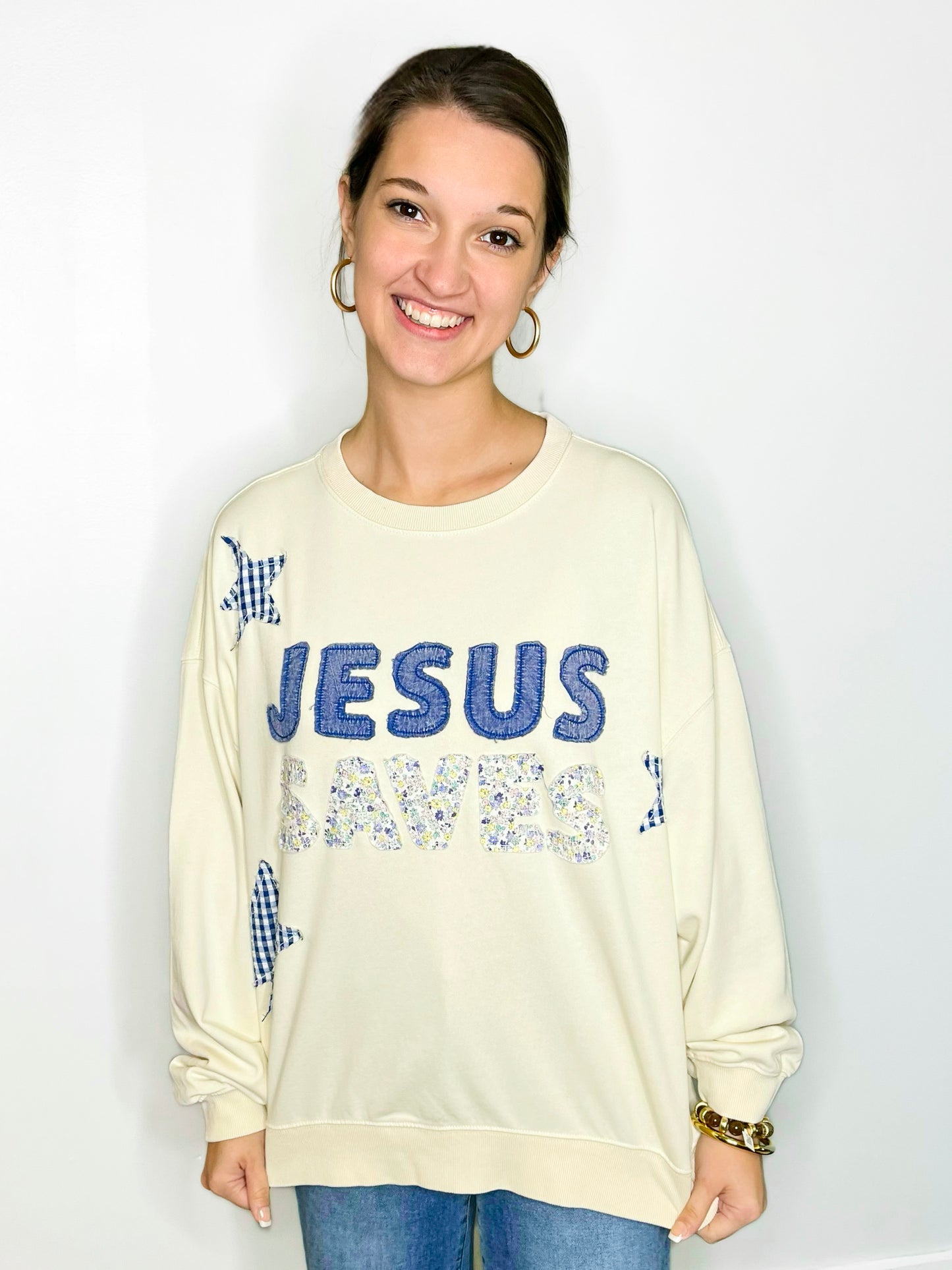 Jesus Saves Embroidered Sweatshirt | Oat