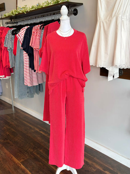 Briley Ribbed Short Sleeve Top and Pants Set | Ruby