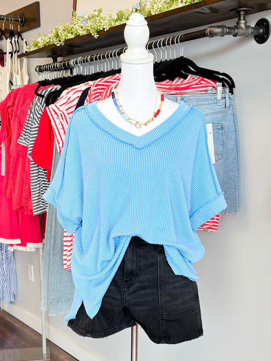 Katy Ribbed V-Neck Top | Sky Blue