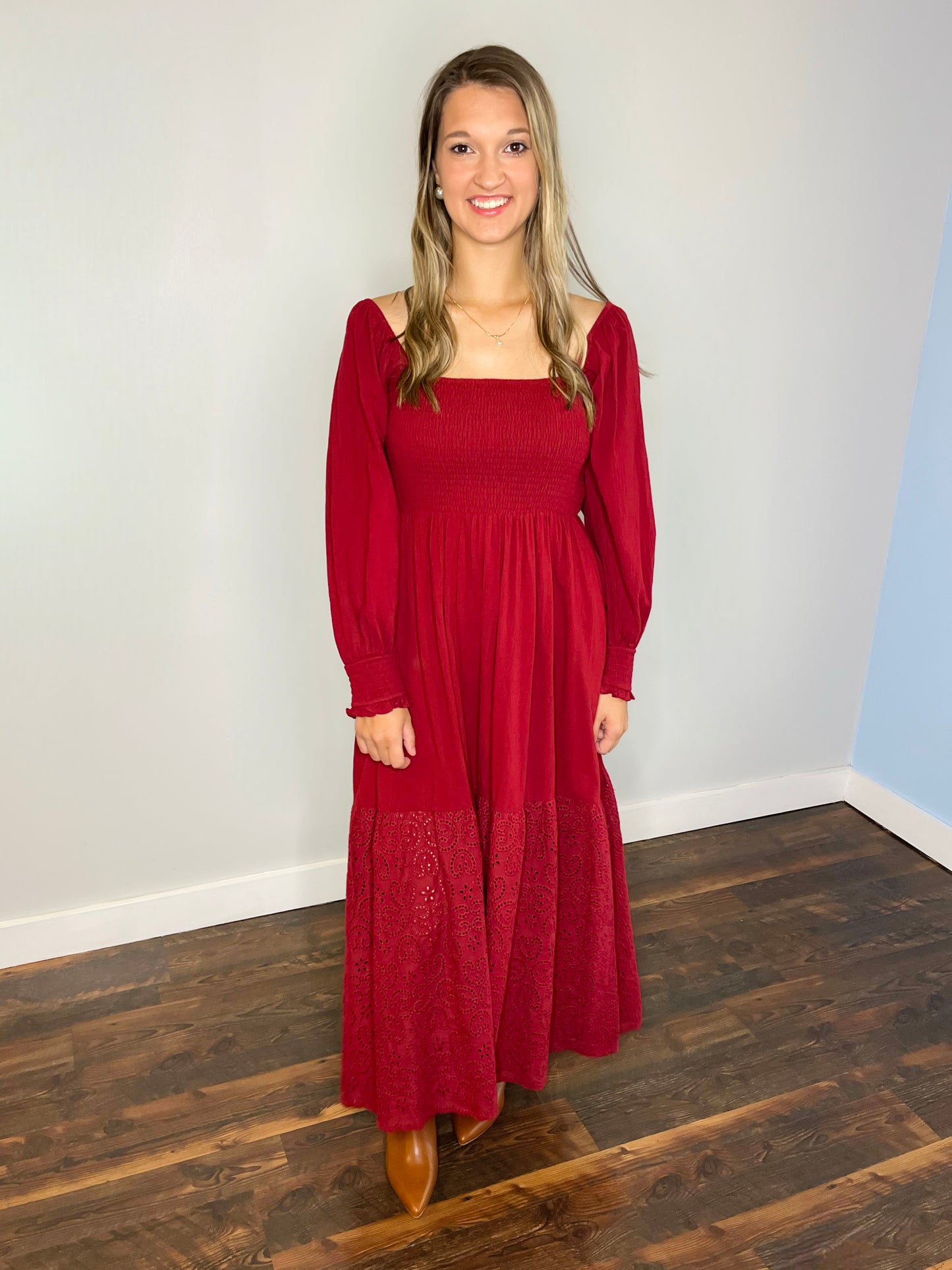 Jilli Eyelet Detail Maxi Dress | Wine