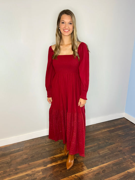 Jilli Eyelet Detail Maxi Dress | Wine
