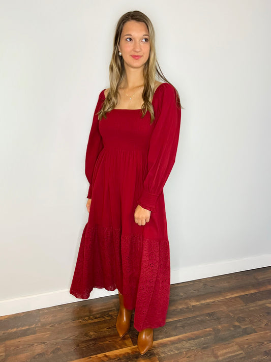 Jilli Eyelet Detail Maxi Dress | Wine