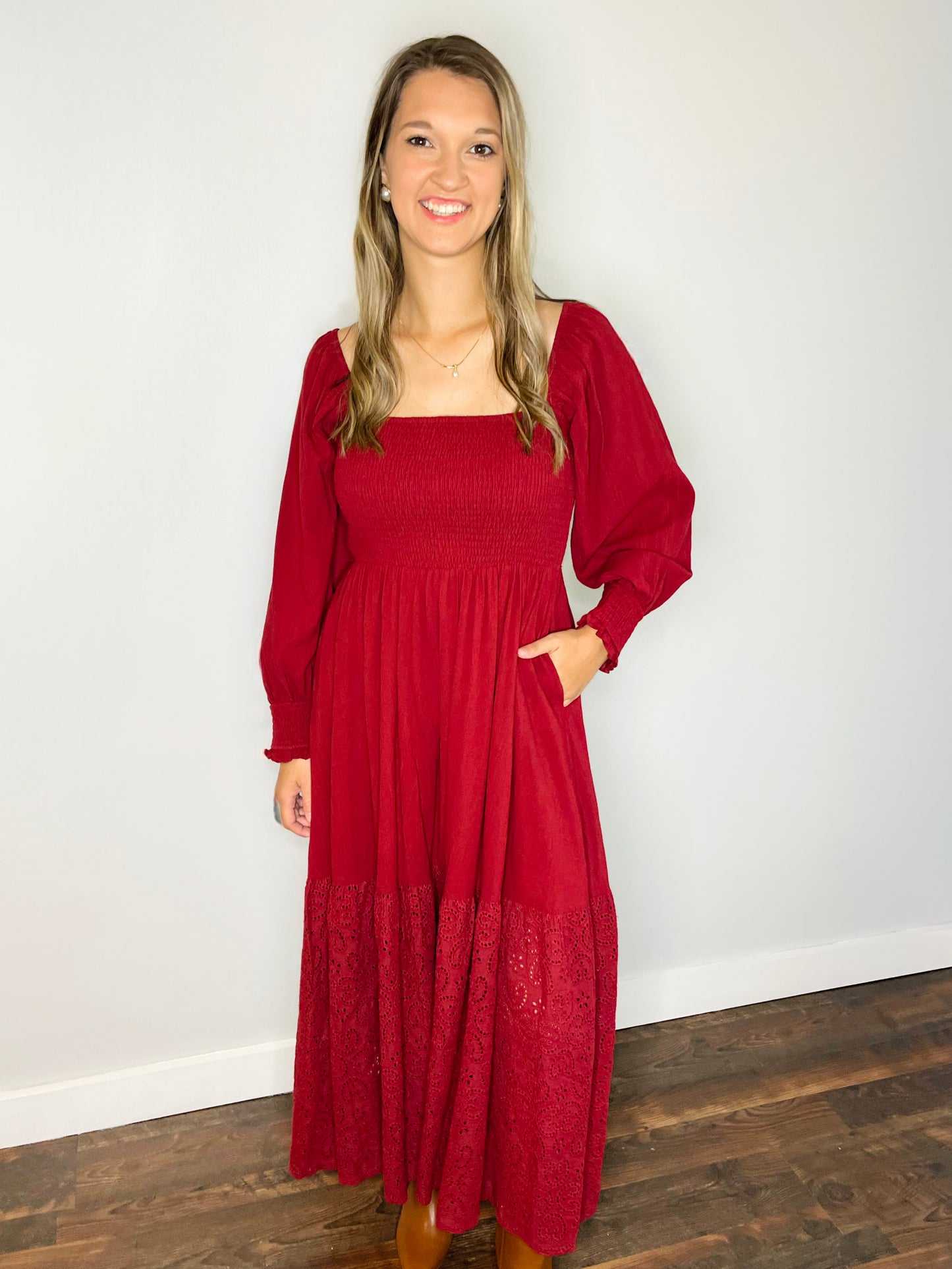 Jilli Eyelet Detail Maxi Dress | Wine