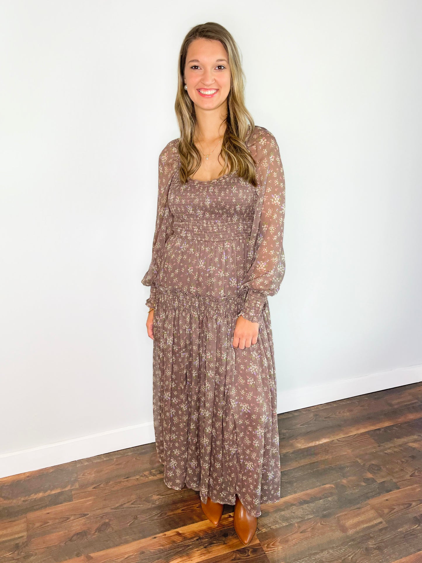 Moxie Smocked Floral Dress | Mocha Mousse