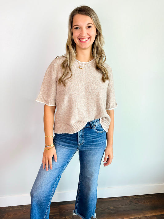 Andrea Contrast Trim Short Sleeve Sweater