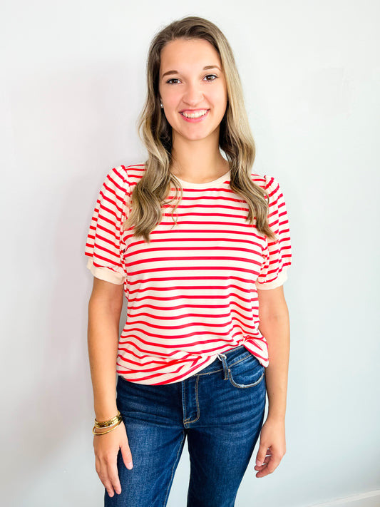 Catherine Striped Puff Sleeve Top | Red