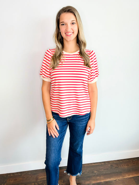 Catherine Striped Puff Sleeve Top | Red