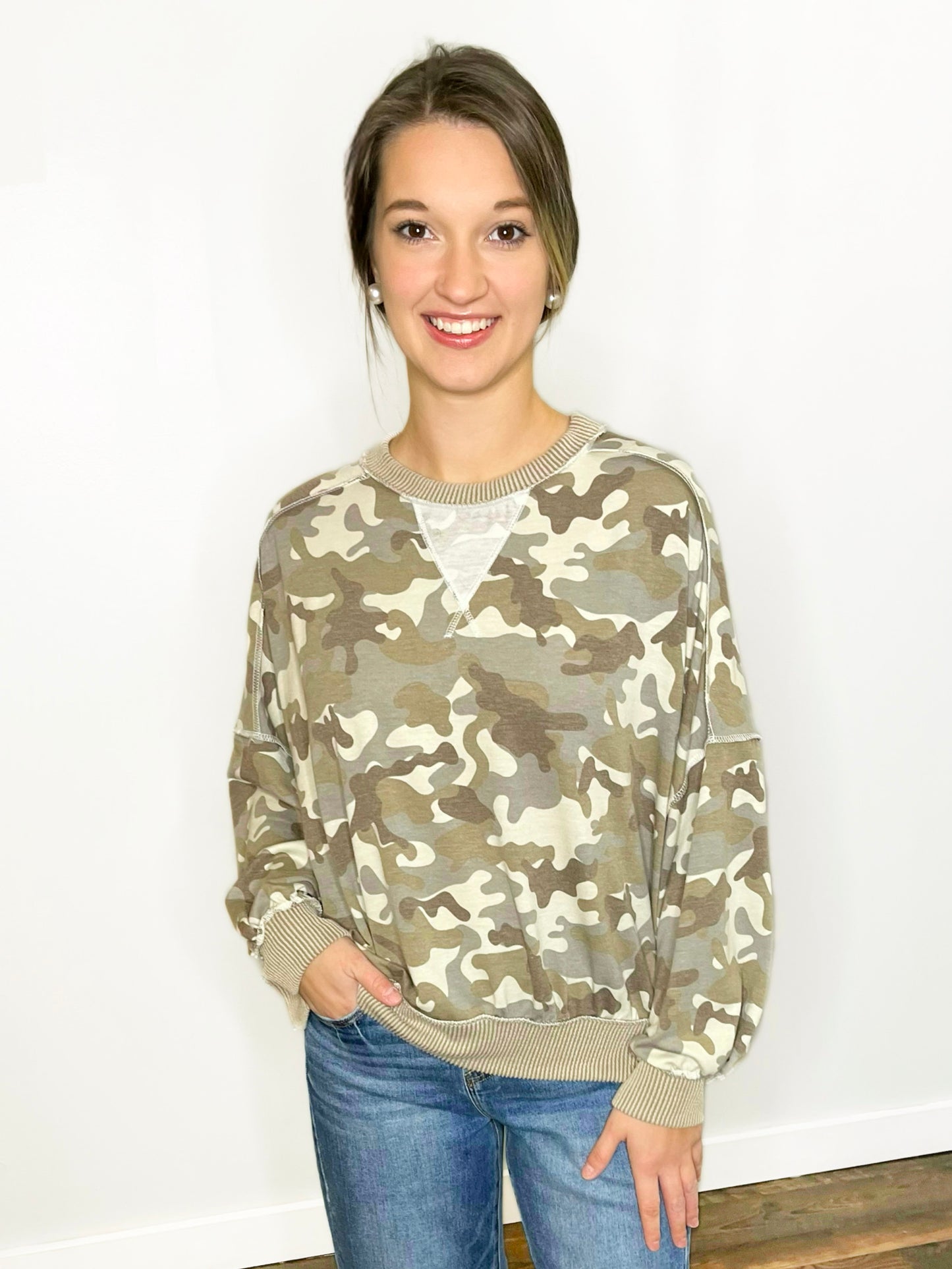 Loretta Printed Pullover w/ Reverse Stitches | Camo Khaki