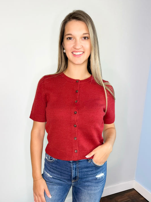 Madi Short Sleeve Button Down Sweater Top | Burgundy