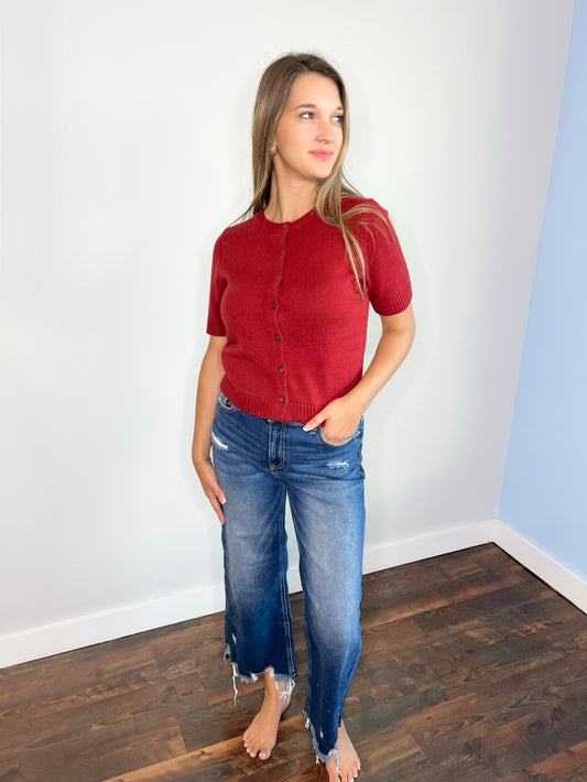 Madi Short Sleeve Button Down Sweater Top | Burgundy