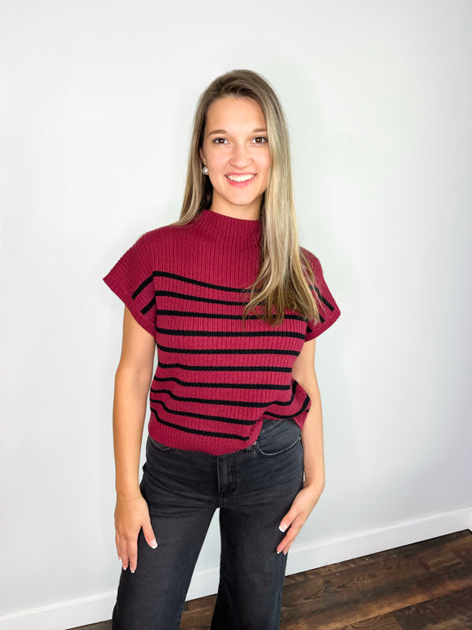 Paige Striped Mock Neck Sweater Top | Burgundy