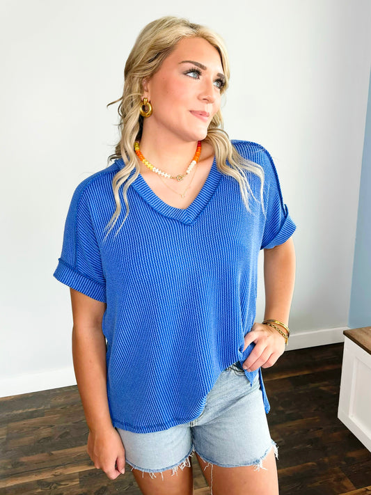 Katy Ribbed V-Neck Top | Bright Blue