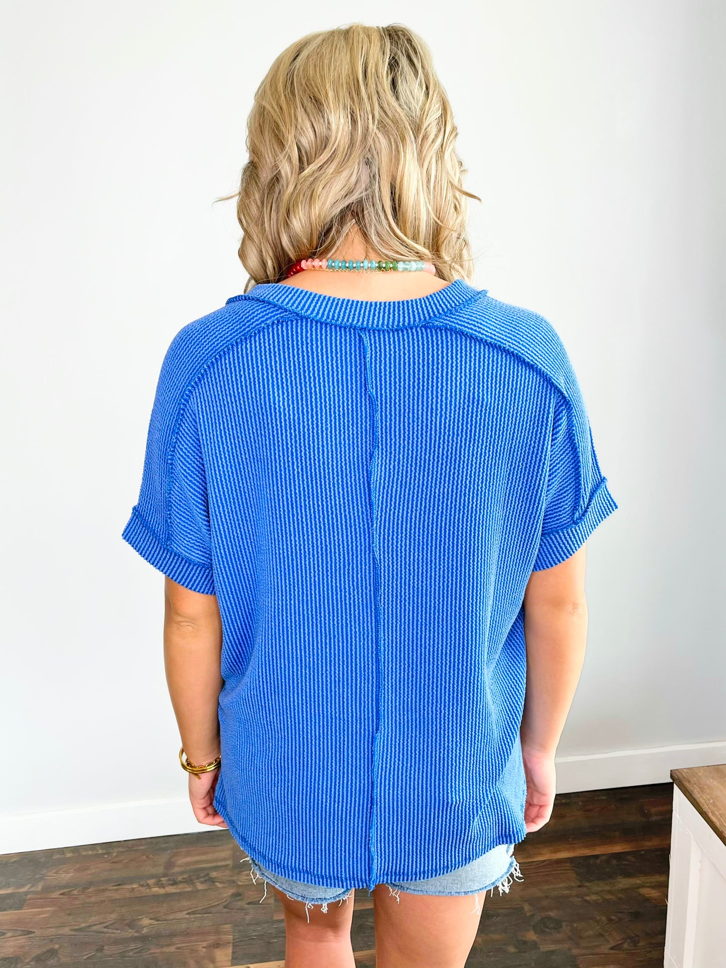 Katy Ribbed V-Neck Top | Bright Blue