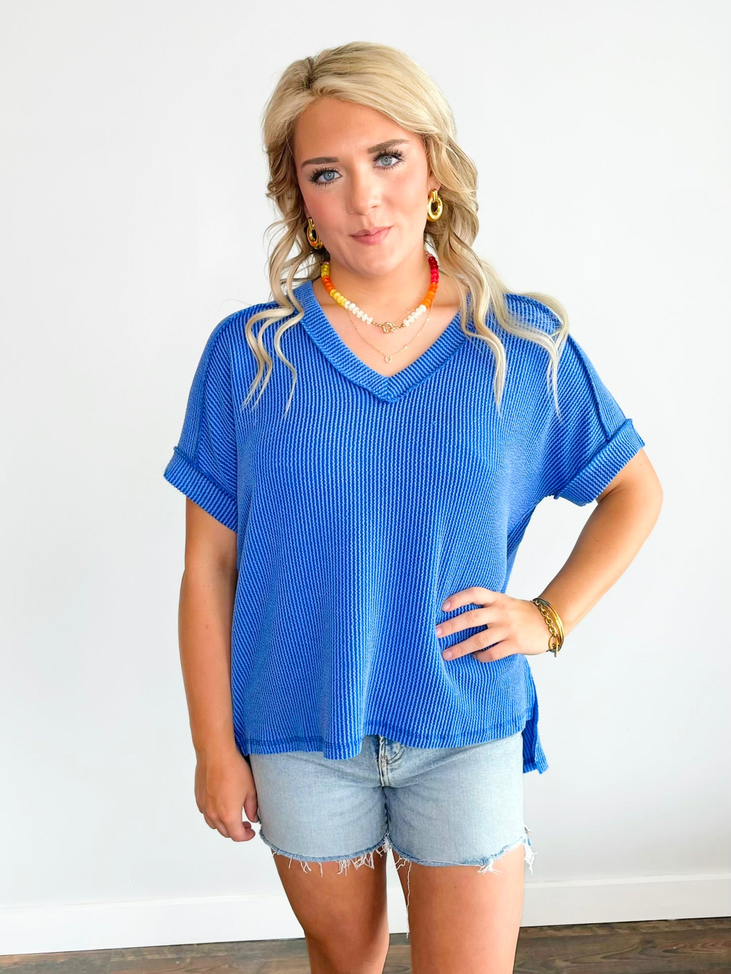 Katy Ribbed V-Neck Top | Bright Blue