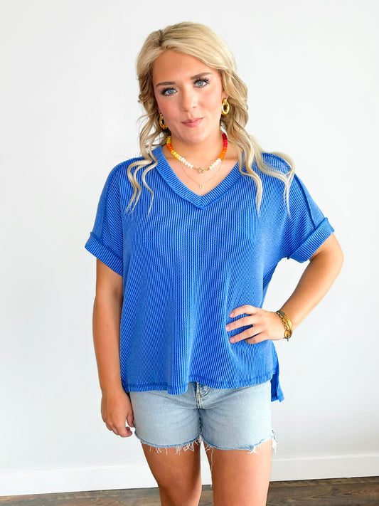Katy Ribbed V-Neck Top | Bright Blue