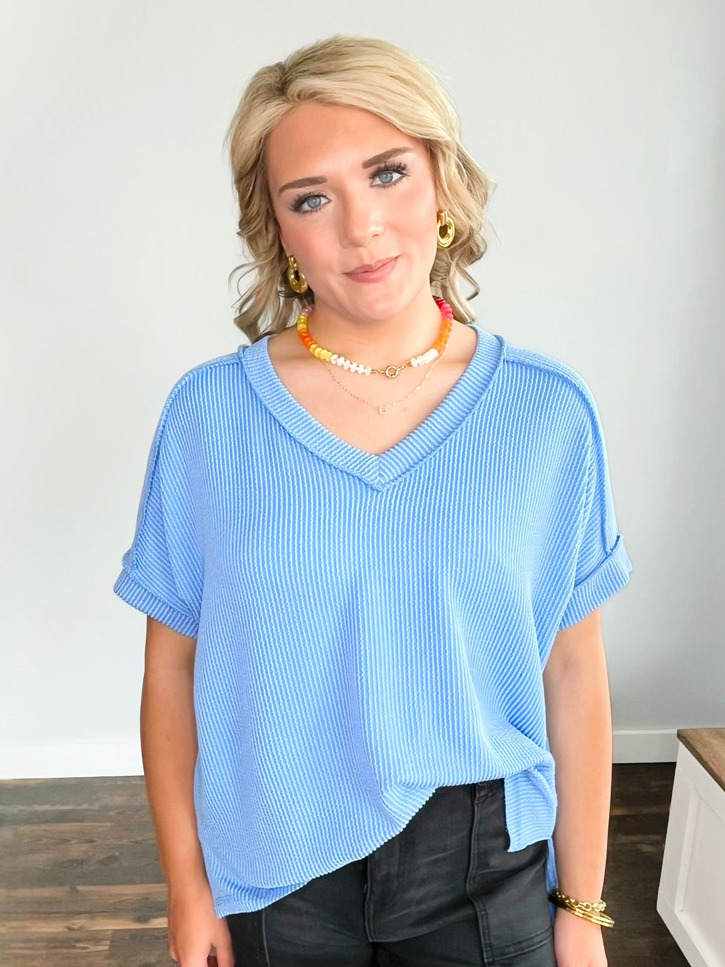 Katy Ribbed V-Neck Top | Sky Blue